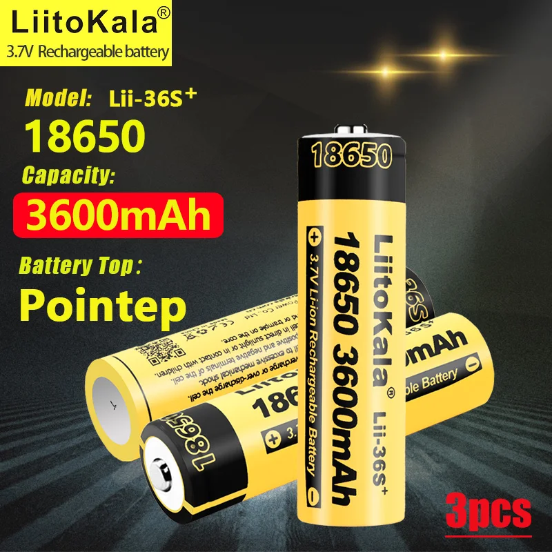 3 uds LiitoKala Lii-36S puntiagudo 18650 3600mAh 3,7 V batería recargable de iones de litio 10A batería de alto drenaje para linterna Vaping