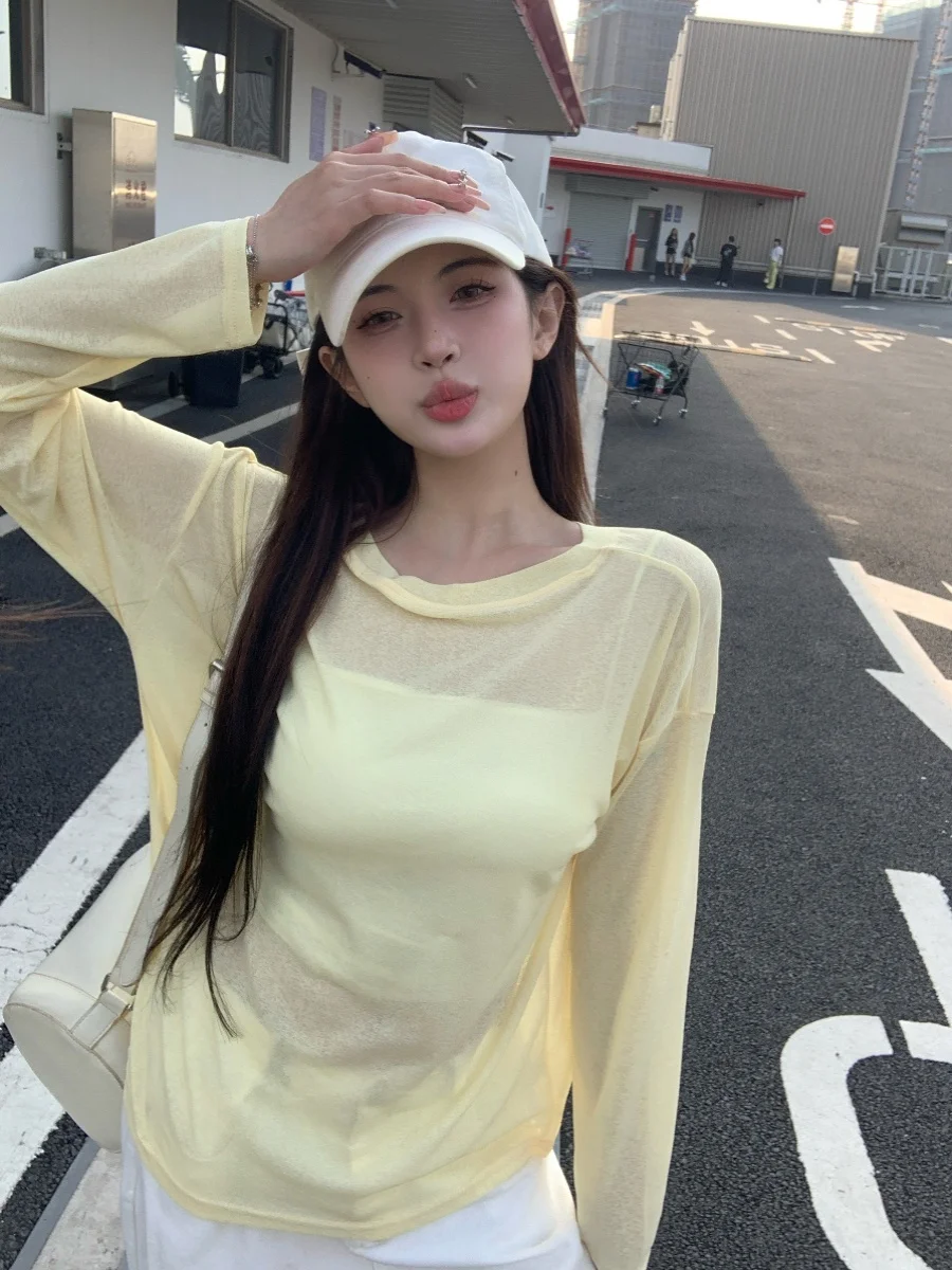 المرأة الصيف انظر من خلال الحرير الجليد طويلة الأكمام س الرقبة فضفاضة تي شيرت سيدة عادية بلون البلوز الشمس واقية محبوك تي شيرت