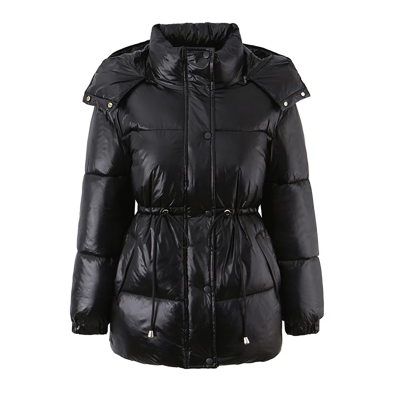 2025年冬新作レディース服、黒のミドル丈フード付きジップアップドローストリング付き暖かいコットンジャケット。