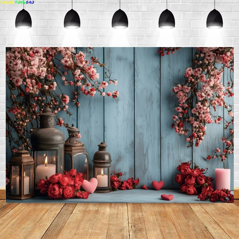 

Valentine's Day Photo Background Wooden House Love Heart Balloons Rose Flowers Wedding Party Portrait Photography Backdrop Props