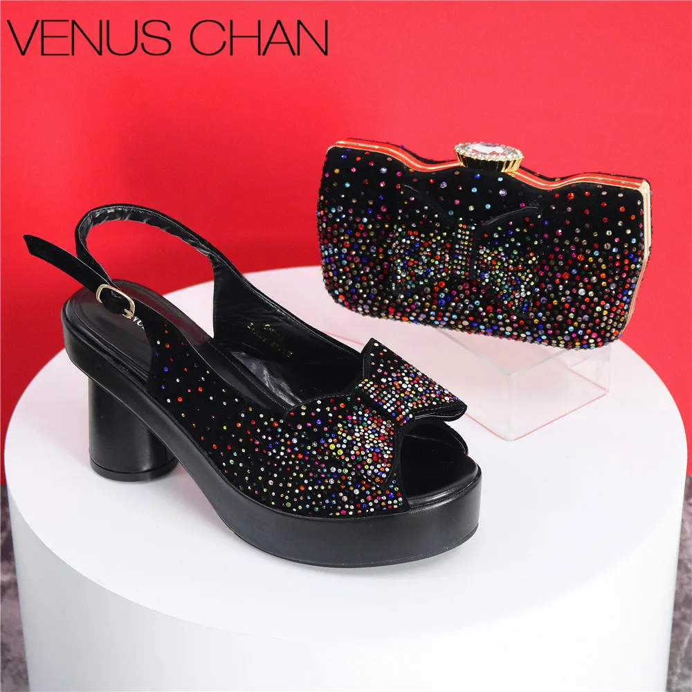 Hot Selling Black Rainbow Color Platform High Quality Design Peep Toe Ladies Shoes Matching Bag Set For Mature Women Party Pump