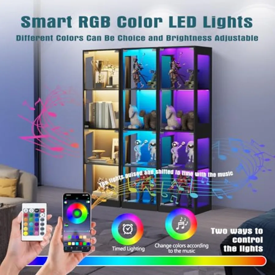 Glass display cabinet with RGB lights for living room and playroom: 4-tier curio shelf with transparent glass doors, ideal for view 3