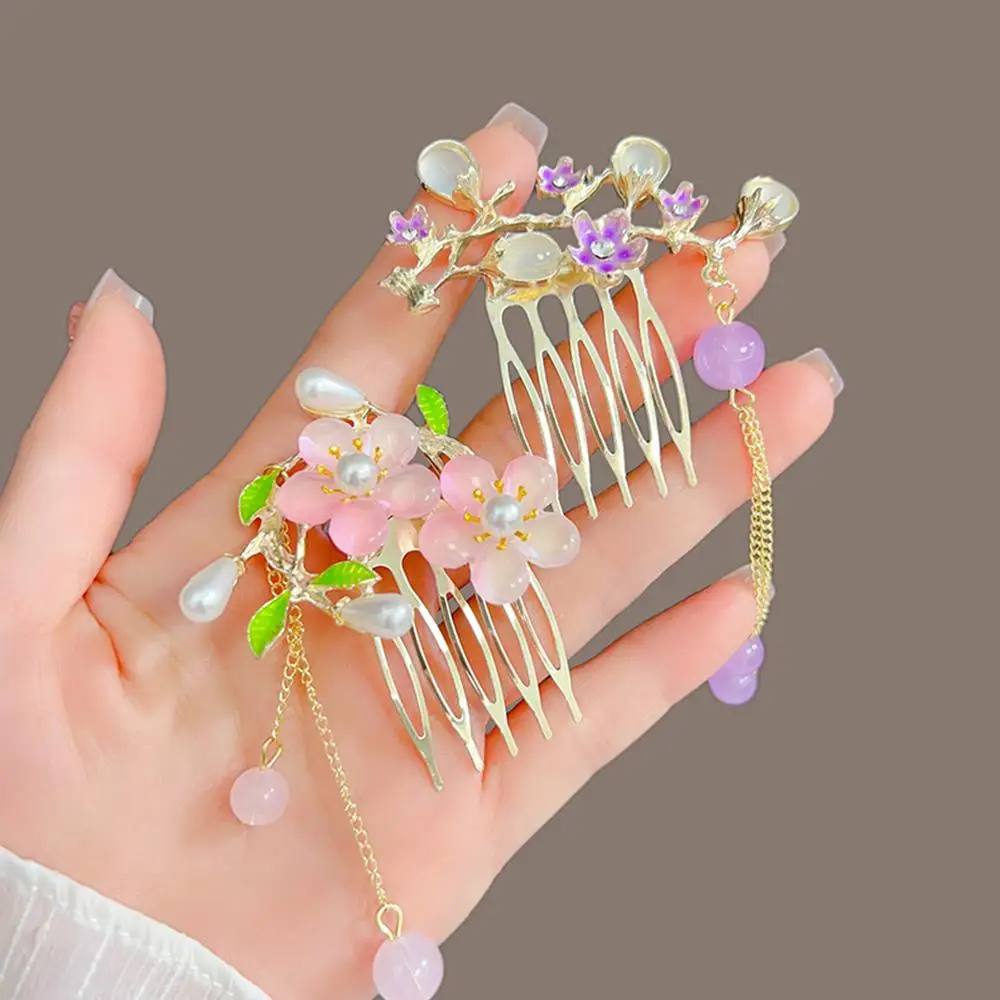 Sisir Rambut Rumbai Bunga Sisir Sisipan Antik Aksesori Rambut Hanfu Tiongkok Jepit Rambut Daun Bunga Jepit Rambut Campuran Bambu Hijau