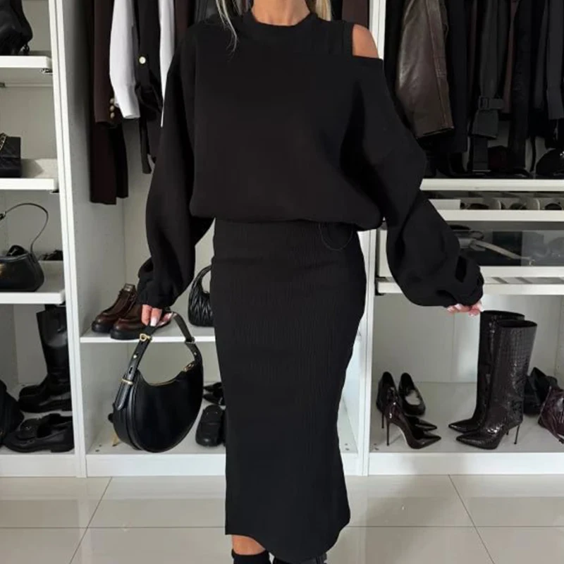 Elegant Solid Sport Outfits Fashion O-neck Sleeveless Vest Long Skirt & Sweatshirt Suits Women Causal Bat Sleeve Loose 2Pc Sets