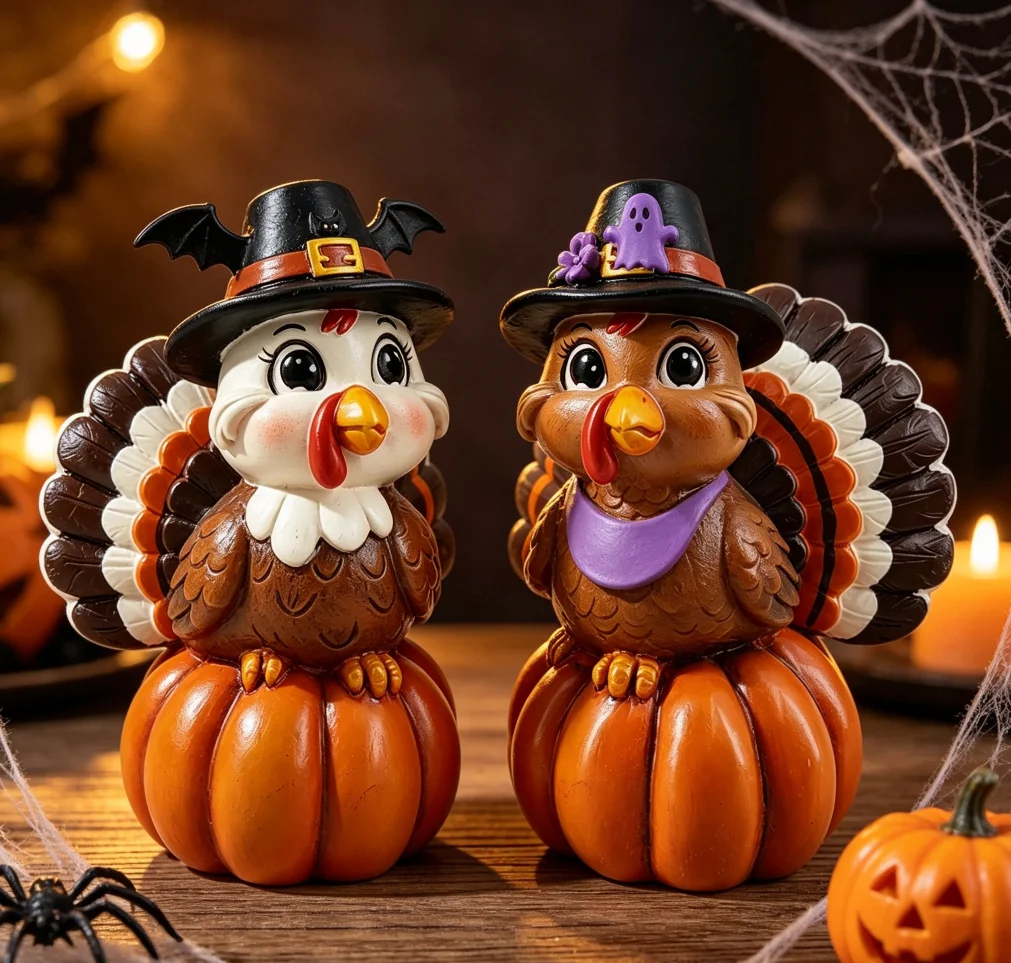 Autumn Fall Harvest Turkey Pumpkin Figurine Resin Desktop Ornament Thanksgiving Home Table Party Decoration Holiday Gift