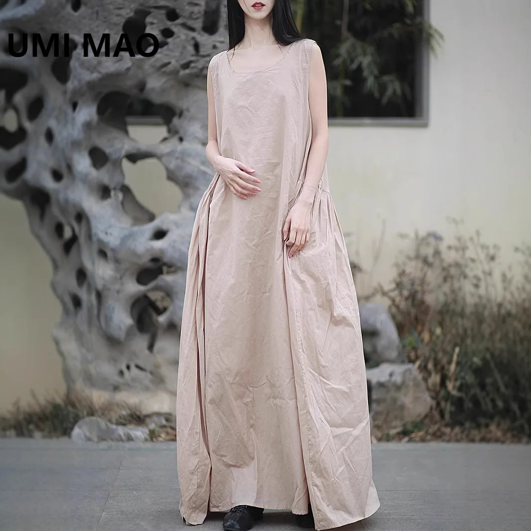 

UMI MAO Summer Solid Color Sleeveless Cotton Dress Loose And Casual Big Swing Cotton And Linen Pleated Vest Dresses Femme