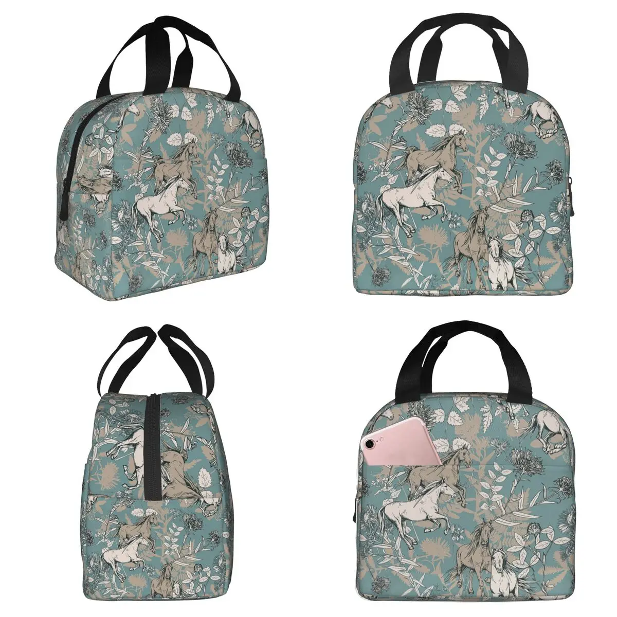 Horse And Flower Oil Painting Insulated Lunch Bag for Women Office Cooler Thermal Food Box Tote Portable Lunch Boxes Container