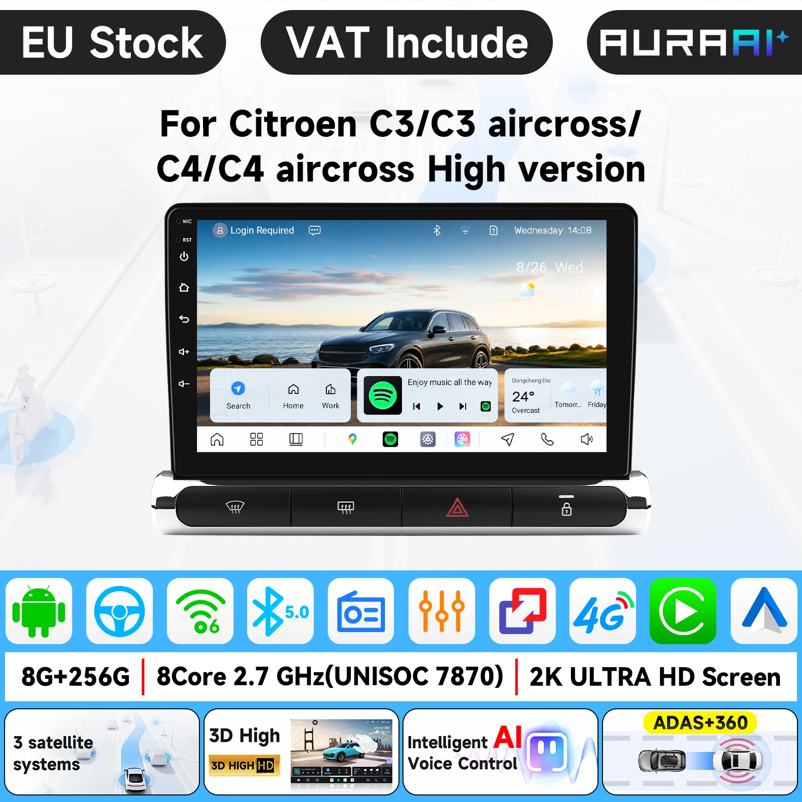 AURA AI 13.1'' 11.5'' 9'' Schermo 2K Carplay 4G Sistemi AI Android 15 Autoradio per Citroen C3 C4 Aircross 2017-2023 Lettore Multimediale Video GPS 2din Autoradio Schermo Intelligente per Auto Display