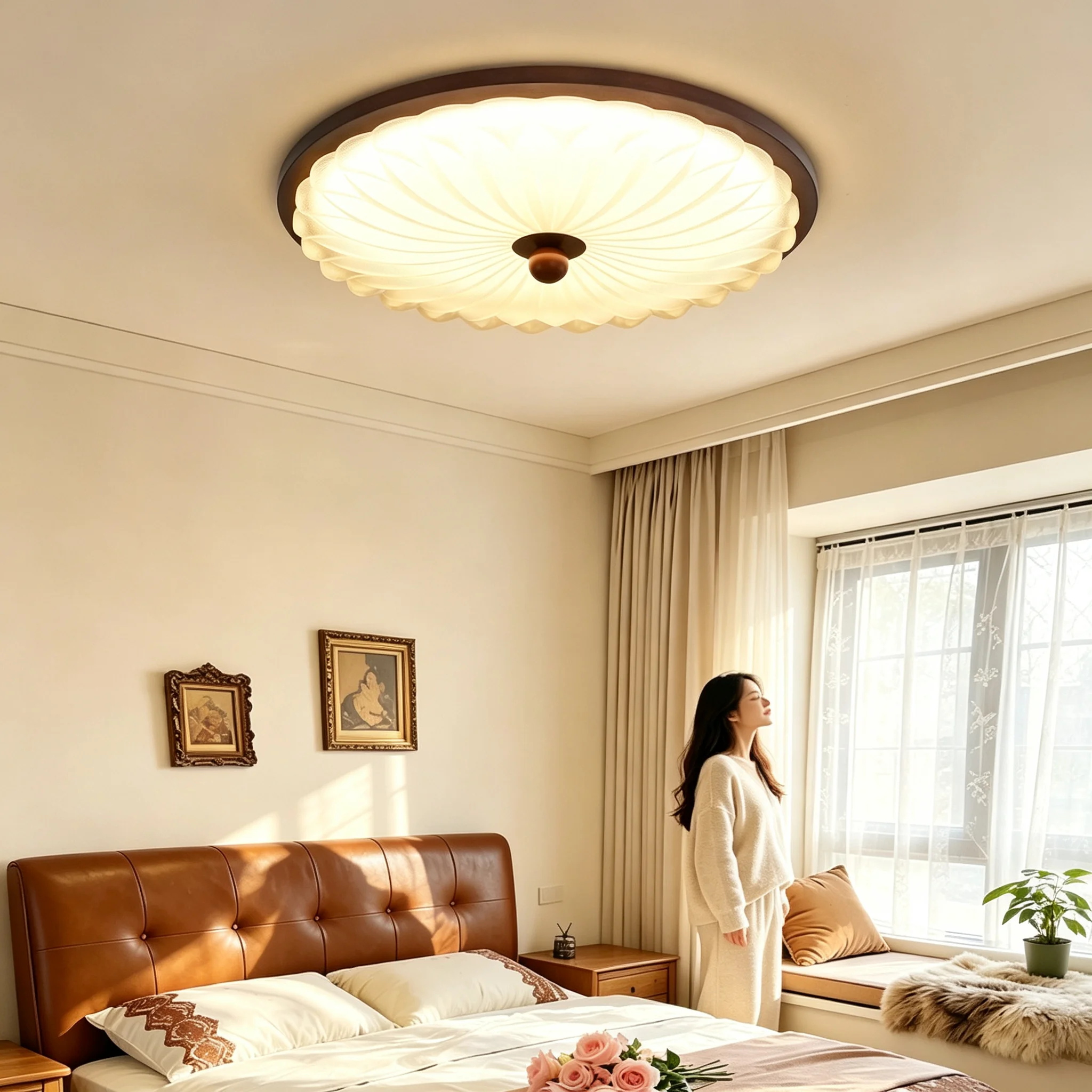 Medieval Style Bedroom Solid Wood Ceiling Lamps Ultra Thin Round Led Light Fixture Household Bedroom Dining Table Illumination