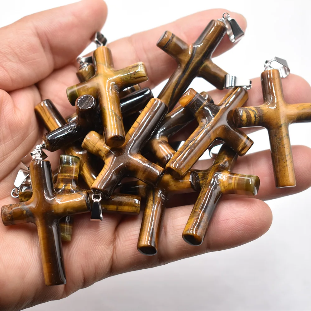 Großhandel 10 Stück/Set Modische Naturstein-Mischung 40x28mm Lange Kreuzanhänger für Schmuckherstellung Charm-Halsketten-Zubehör – Detail 5