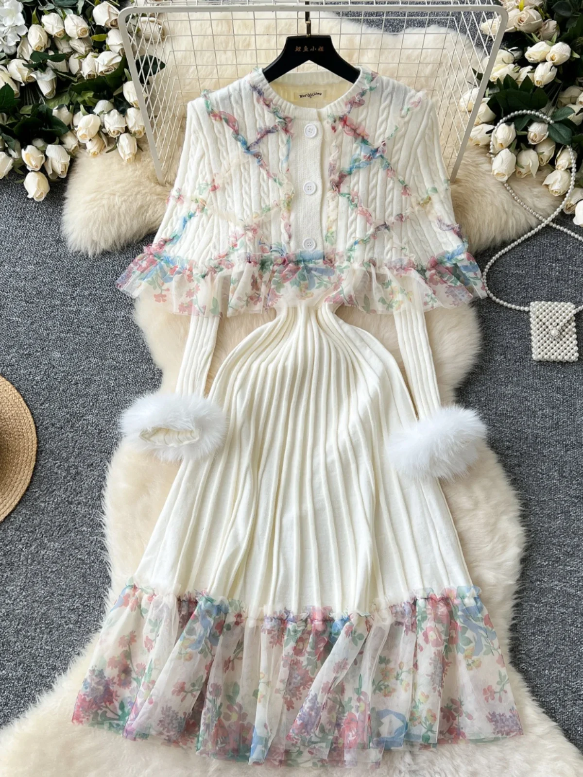 French Luxury Gentle Atmosphere Knitted Dress Floral Mesh Splicing Design with Cape Women's Fall Winter Sweet Two-piece Sets