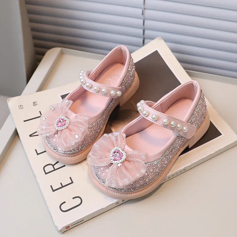 Girls Dance Shoes with Mesh Bow 2024 New Kids Leather Shoes with Crystal Love Girls Princess Shoes for Party Soft Sole Anti Slip