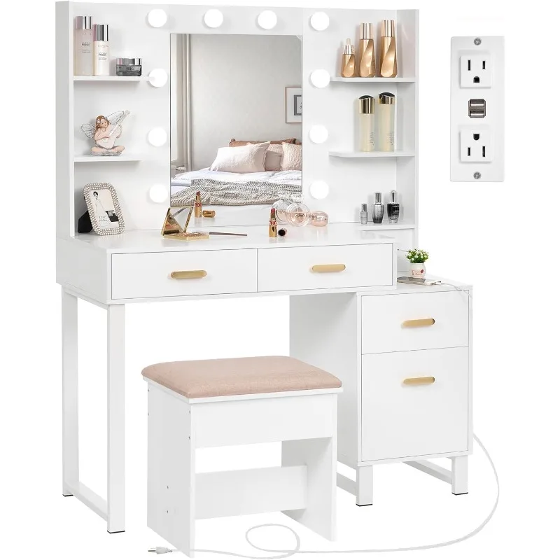 Makeup Vanity Desk Vanity Set with 10 LED Bulbs Lighted Mirror Makeup Vanity Table Set with Charging Station Nightstand