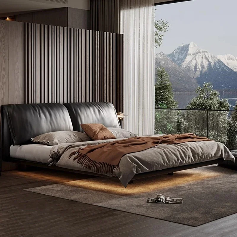 سرير مزدوج للفتيات، سرير كوين لوفت فاخر بحجم كينغ، سرير أميرات خشبي متعدد الوظائف، أثاث جناح صالة كاما من الجلد