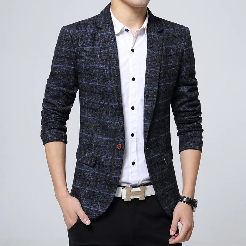 young men's casual plaid suit men's spring new men's suit Korean style slim fit clothing black