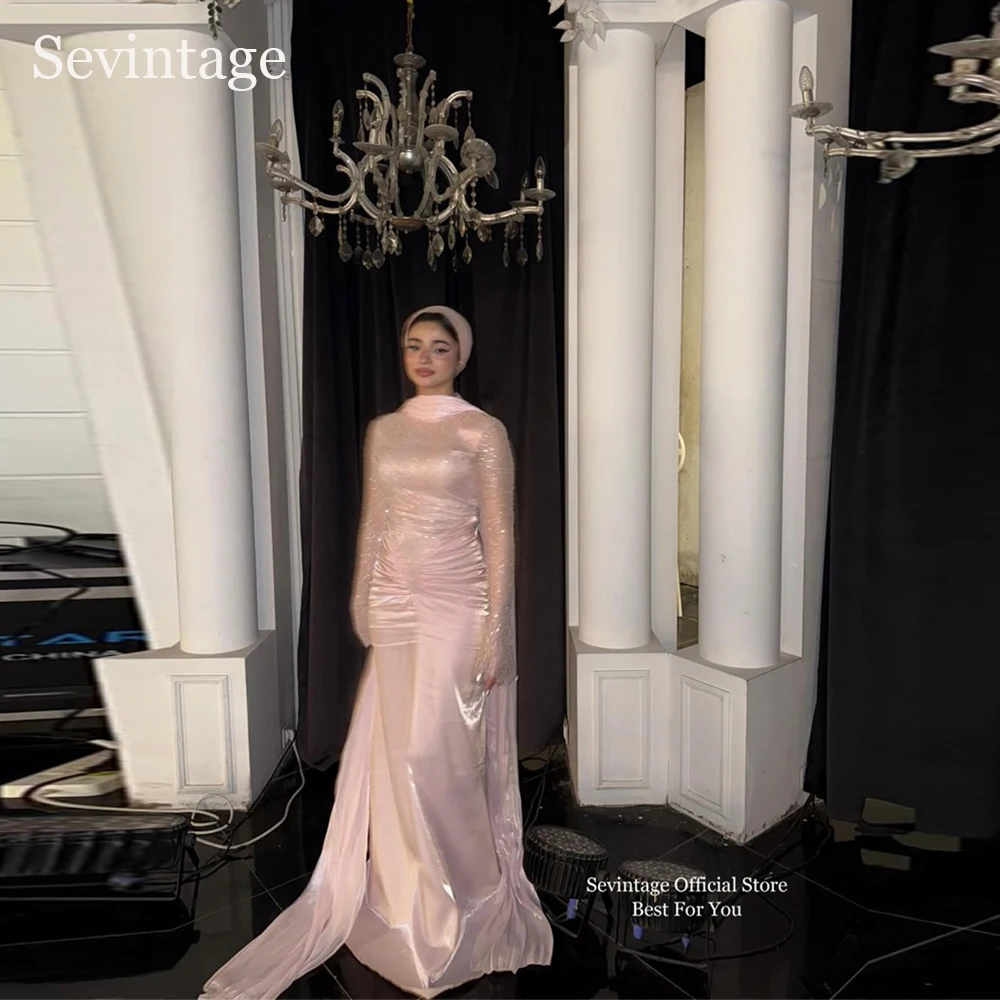 Sevintage-vestidos de noche de sirena con purpurina, color rosa, plisado, mangas completas, vestidos de graduación de lujo, chal, vestido Formal de graduación personalizado