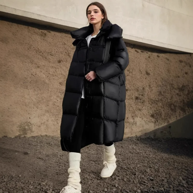Długa kurtka damska ze strumieniowym puchem kaczym, z kapturem, luksusowa, gruba, luźna, duży rozmiar, płaszcz za kolano, długi rękaw, camel