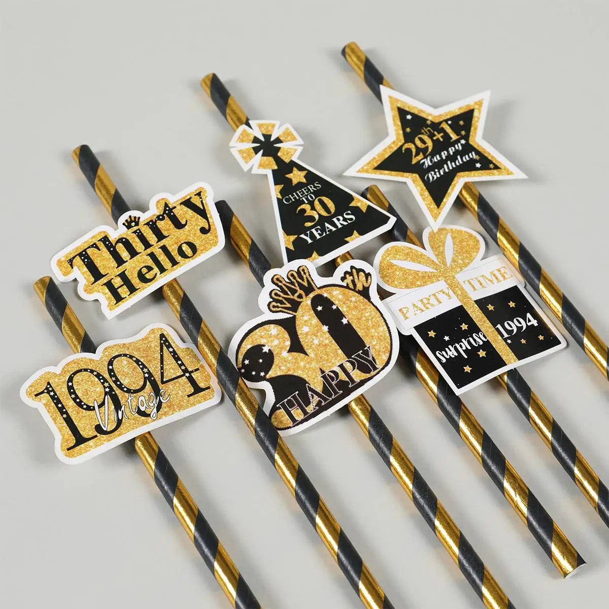 6Pcs 30th 40th 50th Back Gold Paper Straws Happy Birthday Party Decorations Adult Favors Gifts Straws Anniversary Party Supplies