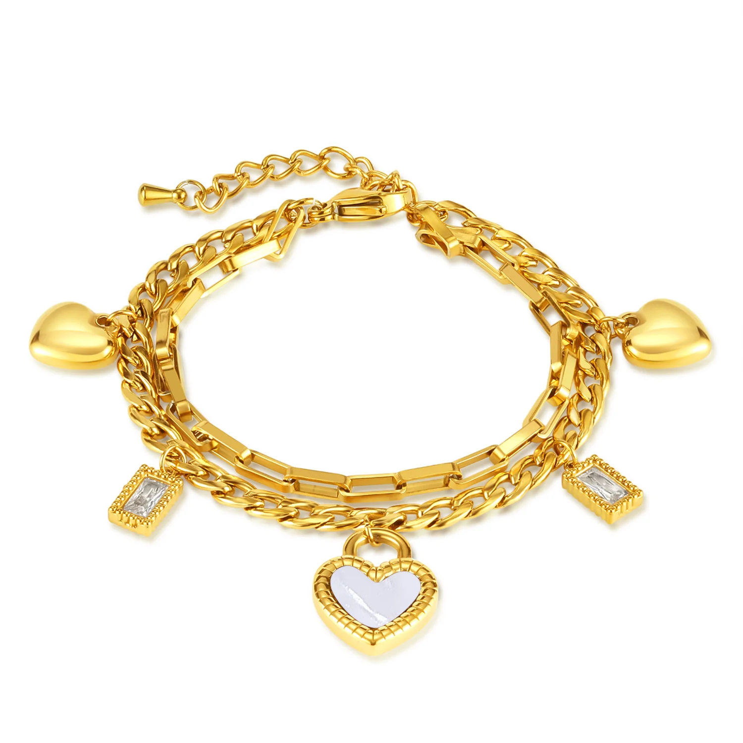 

Double-Layer Stainless Steel Heart Bracelet for Women – INS Minimalist Reversible Mother-of-Pearl Design