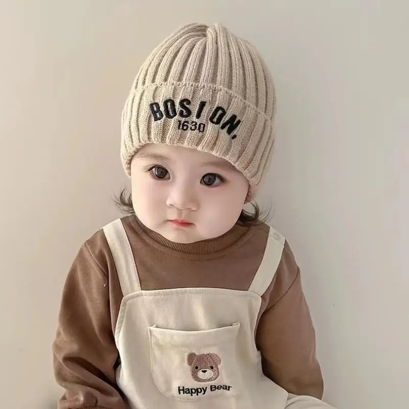 1Pcs Winter Letter Baby Knit Hat Solid Color Embroidered Warm Toddler Beanie Cap Kids Crochet Hats Bonnet Mountaineering Hat