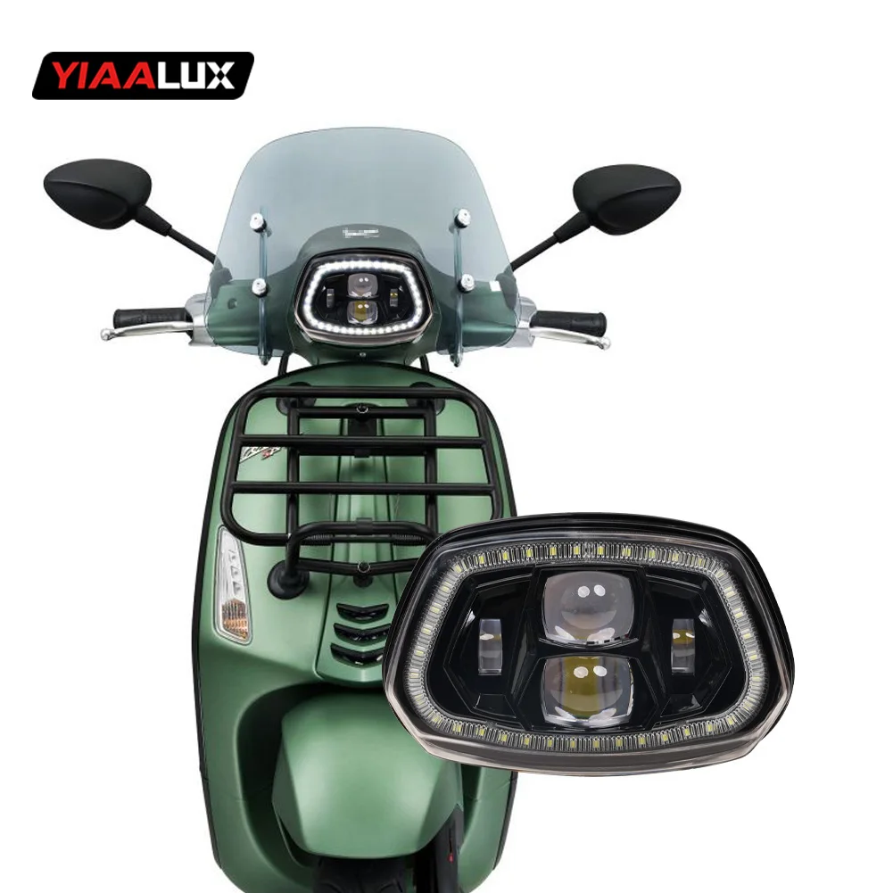 Yiaalux LED Headlight Front Lamp Assembly with High/Low Beam Halo Ring For Vespa Sprint 150