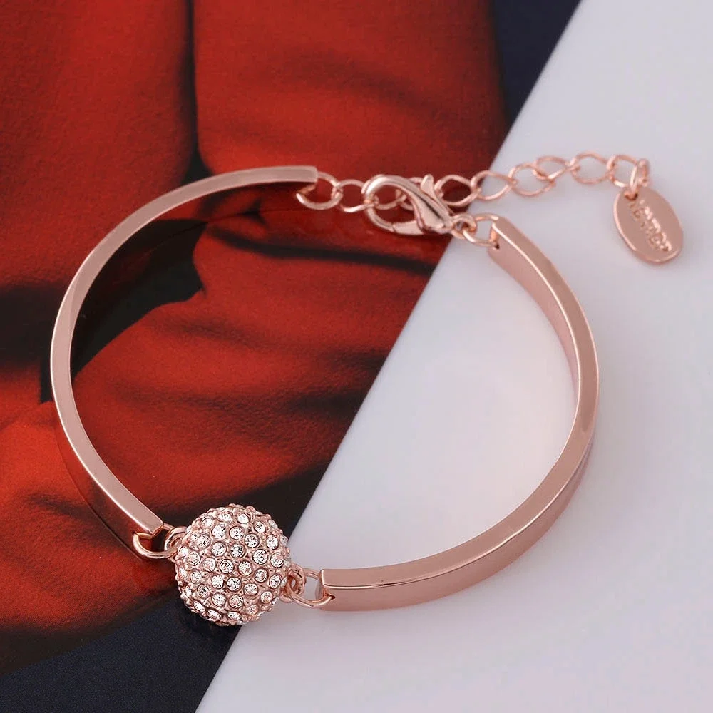 925 Sterling Silver Zirconia Pedra Pulseira Bola, plantada Jóias De Casamento Feminino, Ouro Rosa, NCAB001