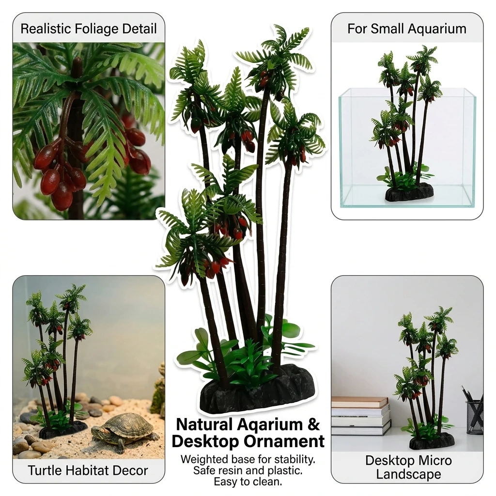 Aquarium Coconut Tree Ornament, Resin and Plastic Artificial Aquatic Plant Decor with Weighted Base, Large 27 cm Fish Tank