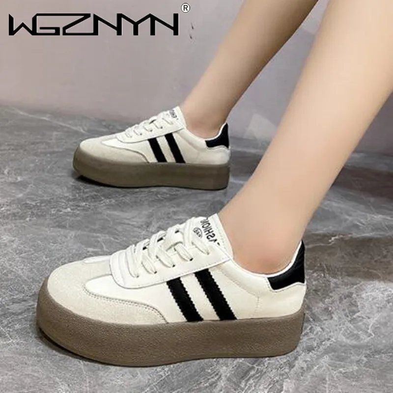 2025 Women's Vulcanize Shoes Korean Round Toe Lace Up Genuine Sports Casual Designer Sneakers for Women Holiday Working 35-40