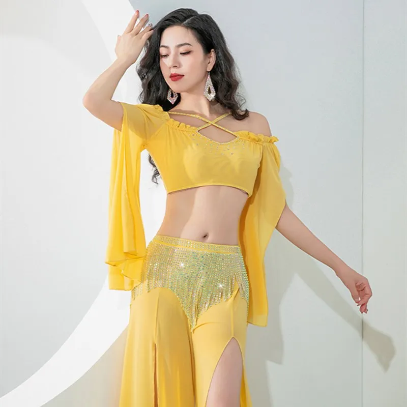 Carnival Costumes Woman Rhinestone Shine Fringe Skirt Pant Gauze Long Sleeve Top 2 Piece Sexy Oriental Dance Outfit Beauty New