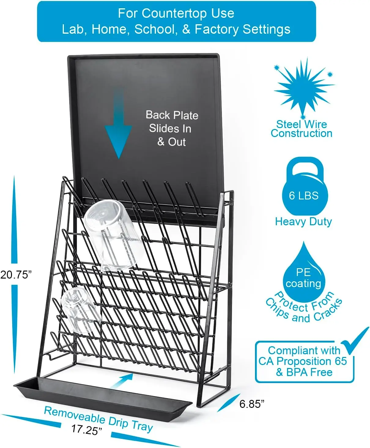 Rack for Lab Glassware and Bottles - Laboratory Draining Dryer Stand for Countertop, Space Saving Steel Wire Frame - Station for