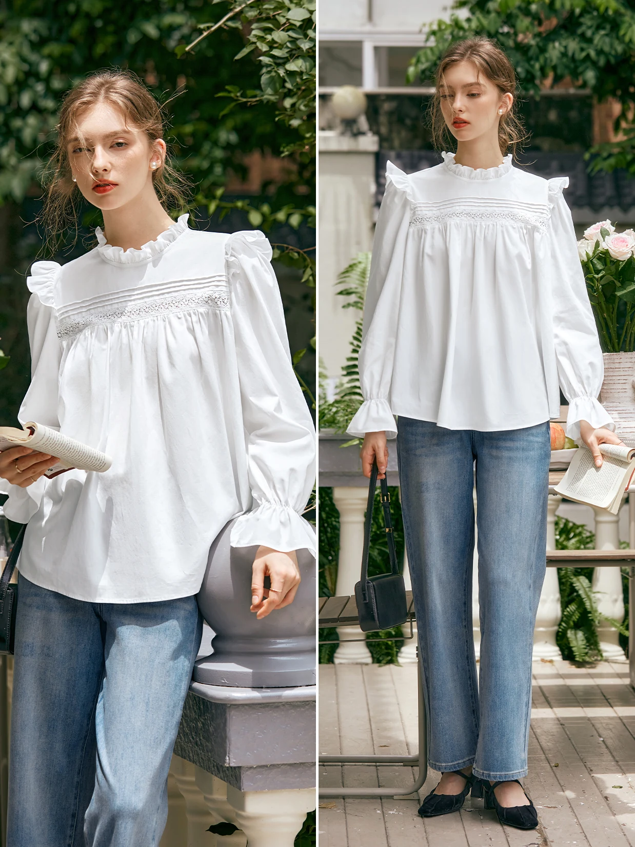 

OLrain Long Puffed Sleeves Office Lady Loose Straight Blouses Women Spring New Chiffon Solid Lace Neck Shirts M56QC93093
