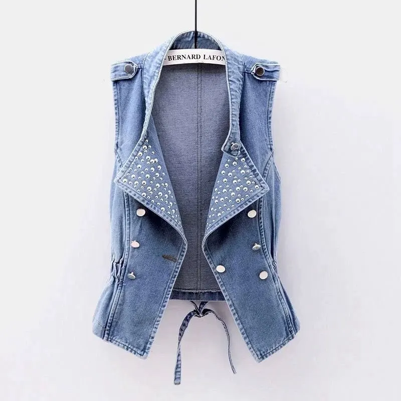 Womens Denim Vest Rivet Lace up Waistcoat