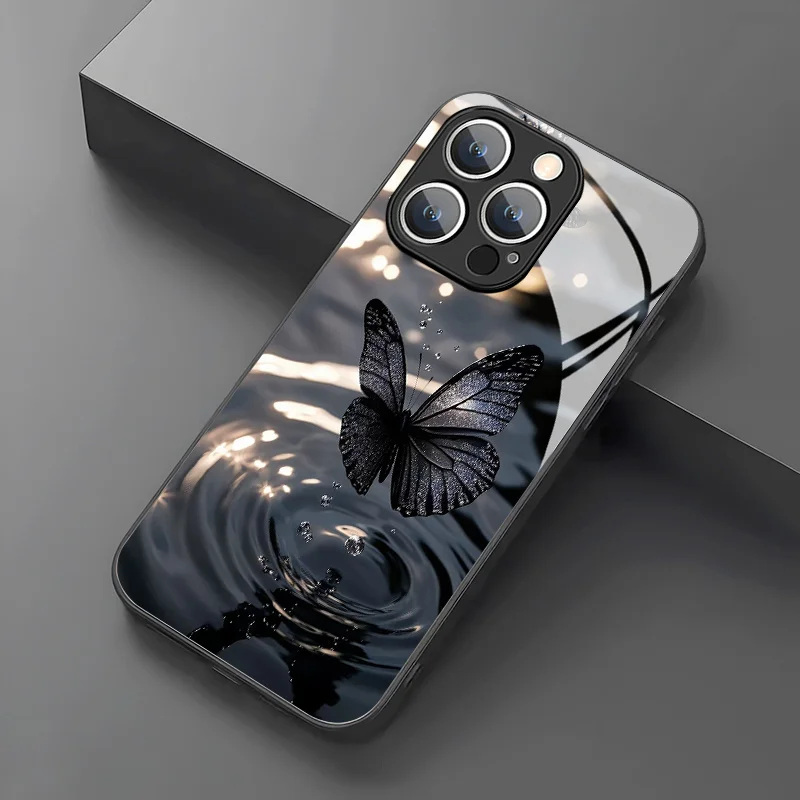 Premium Black Butterfly Pattern Tempered Glass Phone Case for Iphone 18, 17, 16, 15, 14, 13, 12, 11 Pro Max, X, XS, XR, Plus