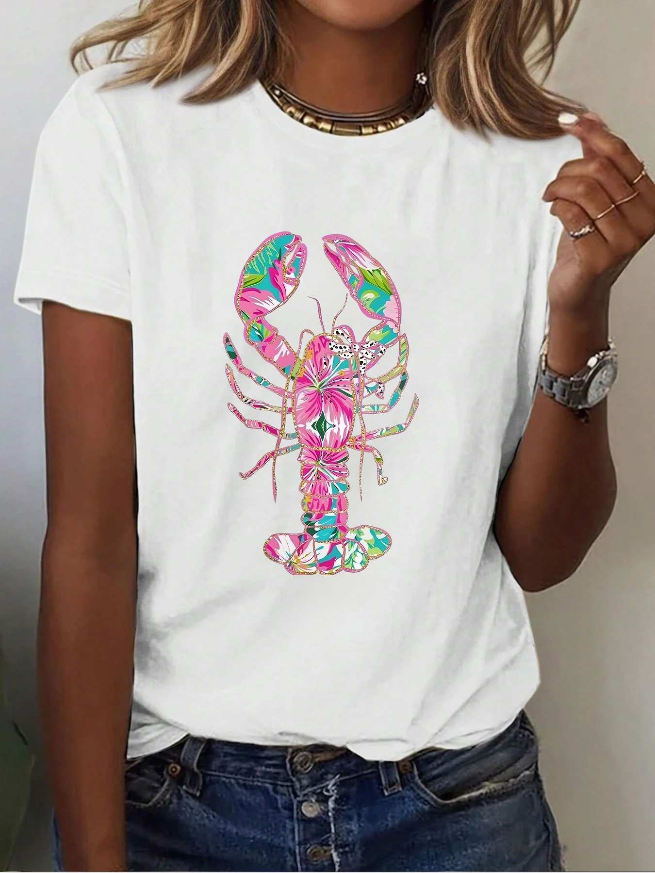 Round Neck Short Sleeve T-Shirt with Colorful Floral Lobster PrintCasual Fun Regular Tee Tops Women's Y2k T Shirt Clothes Outfit