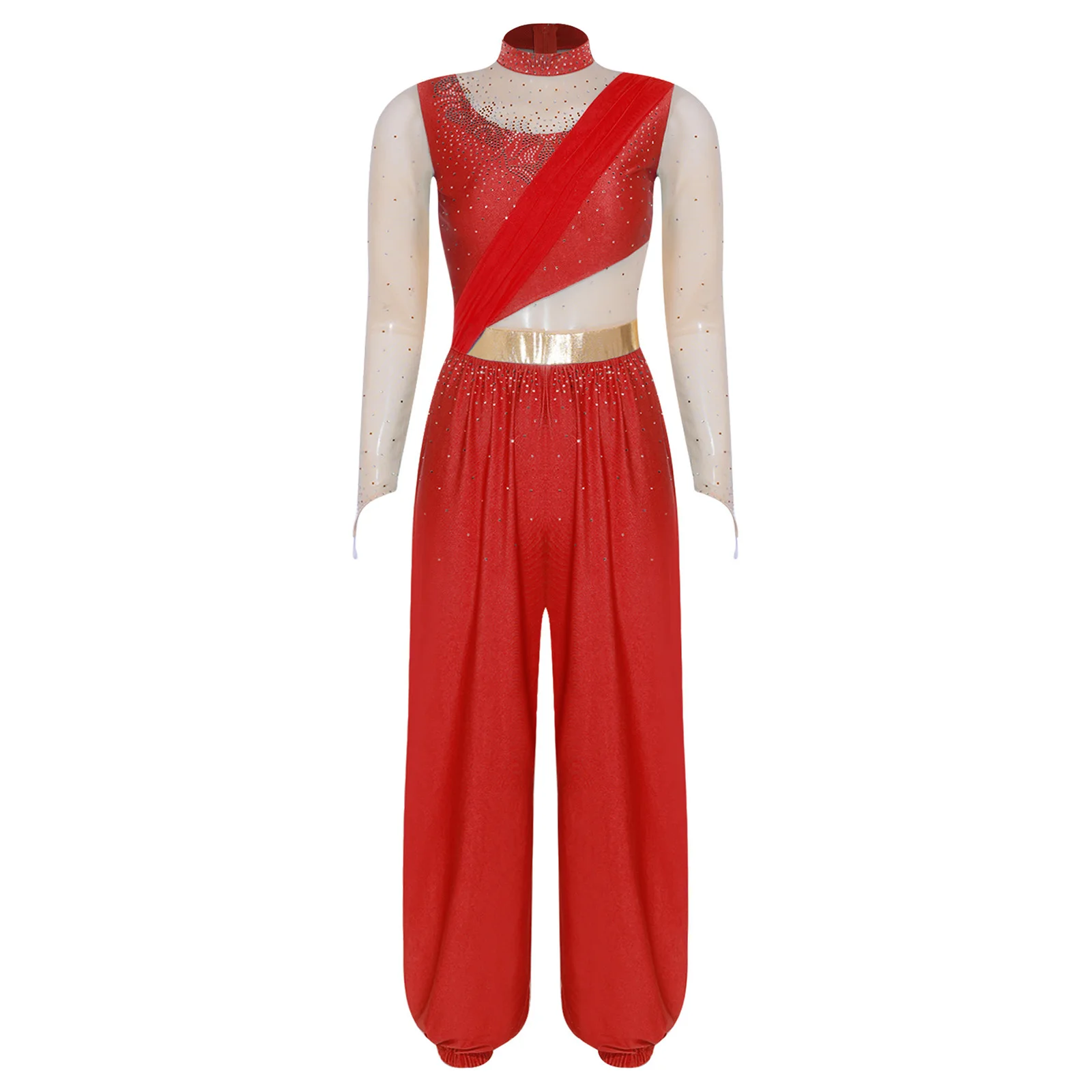 Bauchtanz-Outfit für Damen mit Strasssteinen, Märchenprinzessin-Kostüm, Transparenter Mesh-Jumpsuit mit Langen Ärmeln und Metallischer Taillenlinie – Detail 4