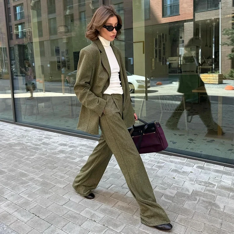 Conjuntos de chaqueta Vintage de un solo pecho para mujer, chaqueta de manga larga con una botonadura, pantalones de pierna ancha, trajes de calle perezosos para otoño 2024