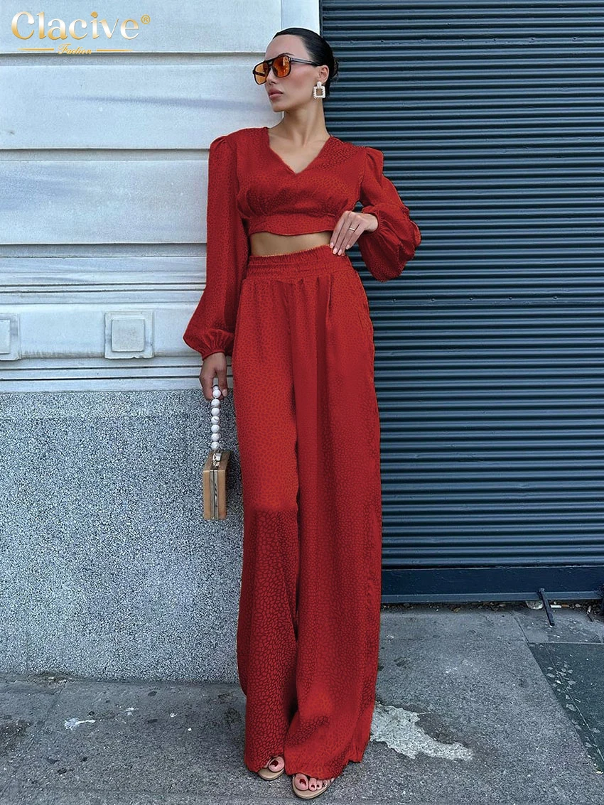 Clacive Fashion Loose Red 2 Piece Sets Women Outfit 2025 Elegant Long Sleeve Crop Top With High Waist Wide Pants Set Female