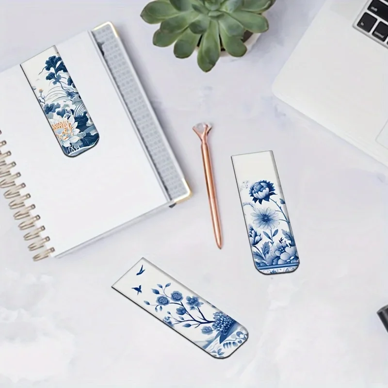 12 Pcs Blue and White Porcelain Style Magnetic Bookmarks with Various Patterns, Magnetic Reading Bookmarks, Page Clipping Marker