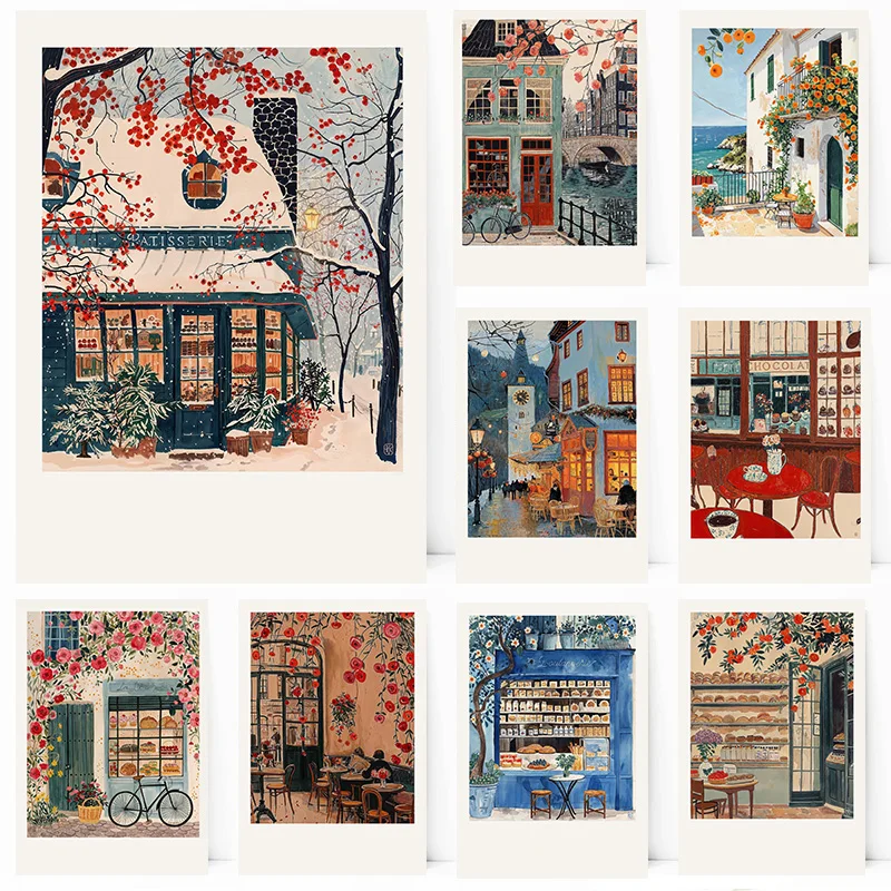 Niederländisches Kanalhaus Französische Boulangerie Italienische Küste Paris Café Poster Druck Wandkunst Bilder Leinwand Malerei Zimmer Home Decor