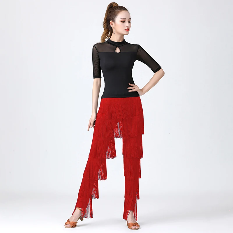 Tassel Latin Dance Pants Women's Ballroom Dance Professional Black Red Blue Adult Fringe Rumba Tango Salsa Practice Pants