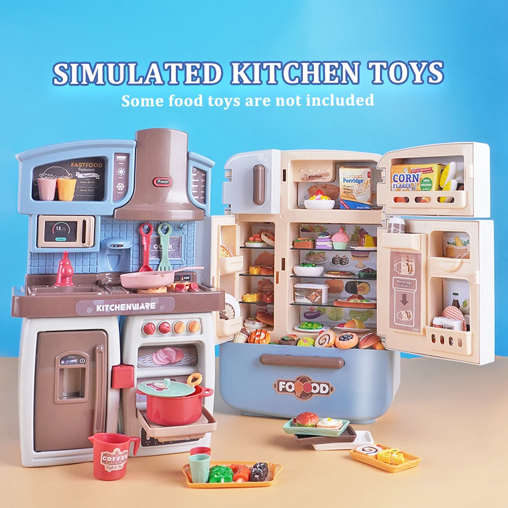 Mini Food Cooking Set Real Oven Realistic Meals Miniature Double Door Refrigerator Kids Kitchen Set With Music And Lights Play