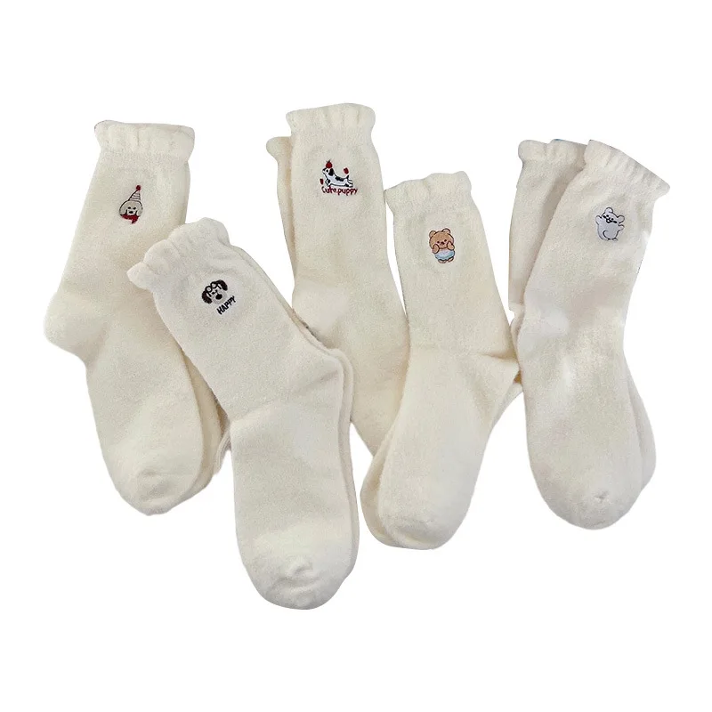 

2 пары толстых белых коралловых флисовых носков с милыми животными, зимние толстые теплые и удобные домашние напольные носки
