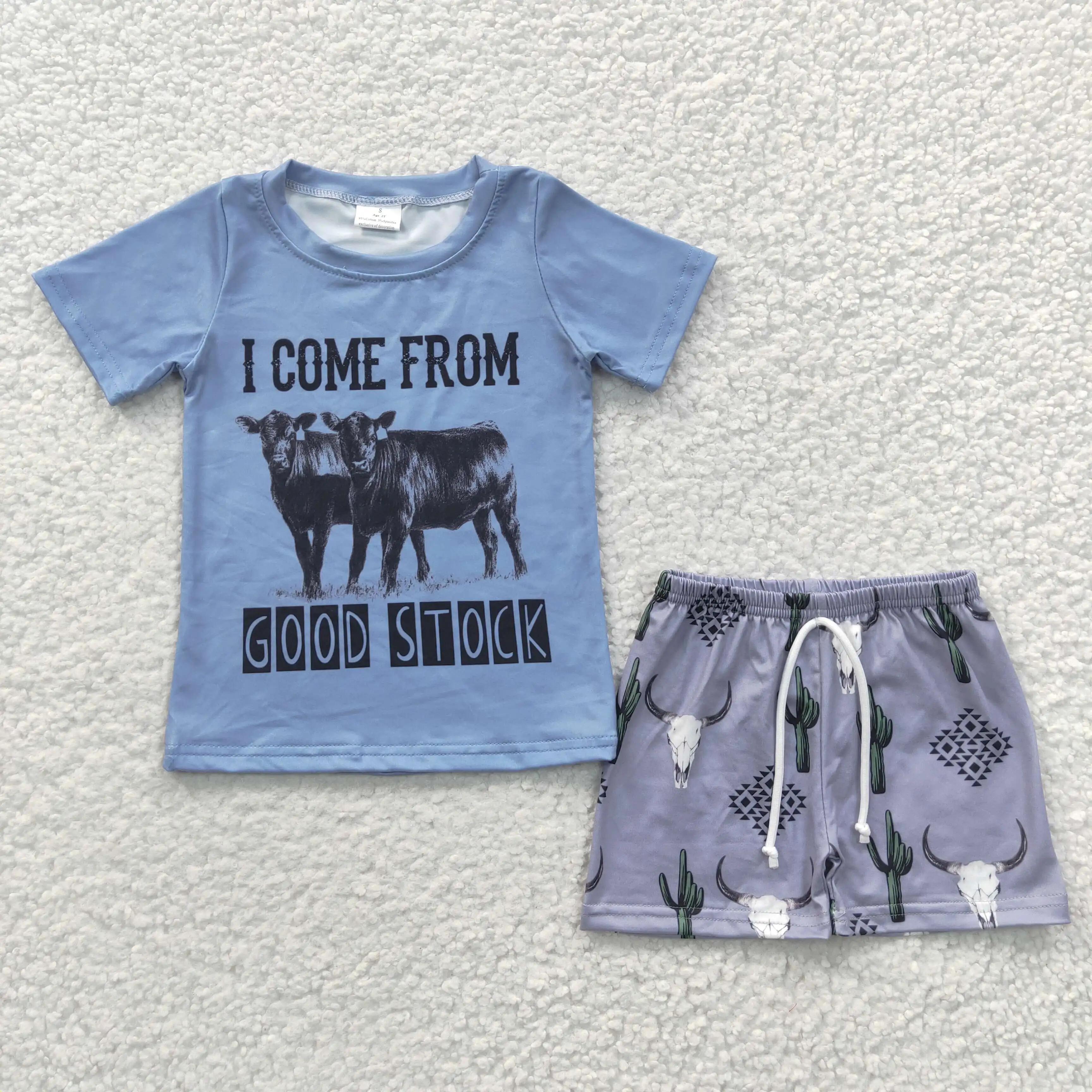 BSSO0240 Baby Boys Clothes I COME FROM Cow Head Blue Short Sleeve Top T-shirt Shorts Summer Suit Children Clothing