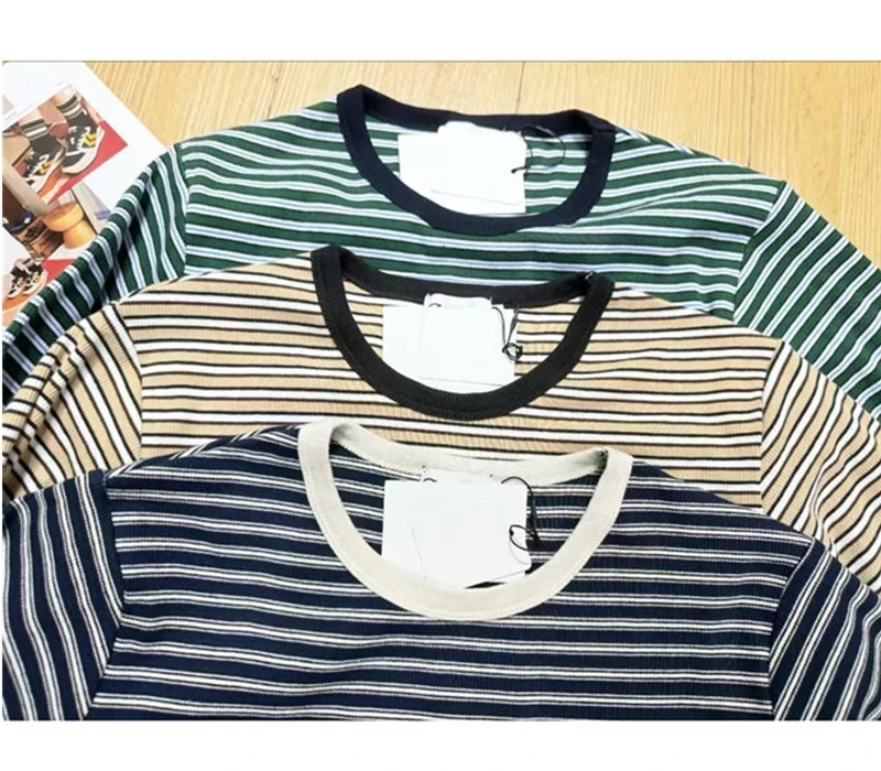 

Ele Embroidered Striped Long Sve T-irt Women's Cotton Top Spring Autumn Elastic round Ne Base irt Casual Sle