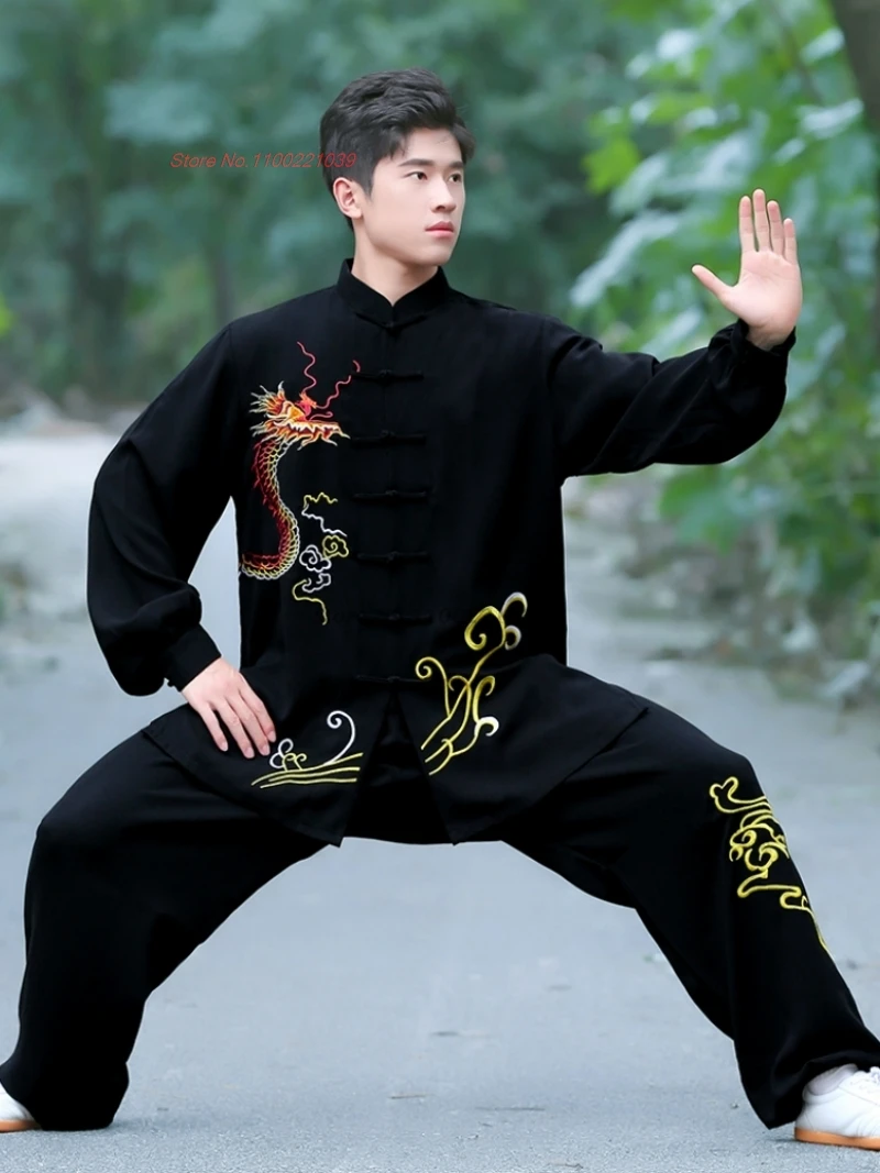 

2025 chinese vintage kung fu tai chi martial arts taijiquan wushu training exercise practice dragon embroidery tops+pants set