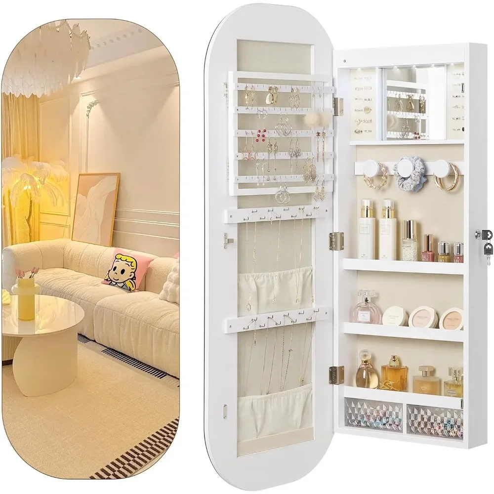 LED Mirror Jewelry Cabinet, Rounded Jewelry Armoire Cabinet, Lockable Wall or Door Mounted Jewelry Organizer with Interior