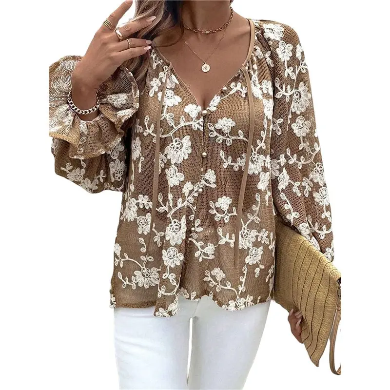 

CYL-Women's Casual V-Neck Long Sleeve Shirt Top Floral Bell Sleeve Button Front Tie Shirt