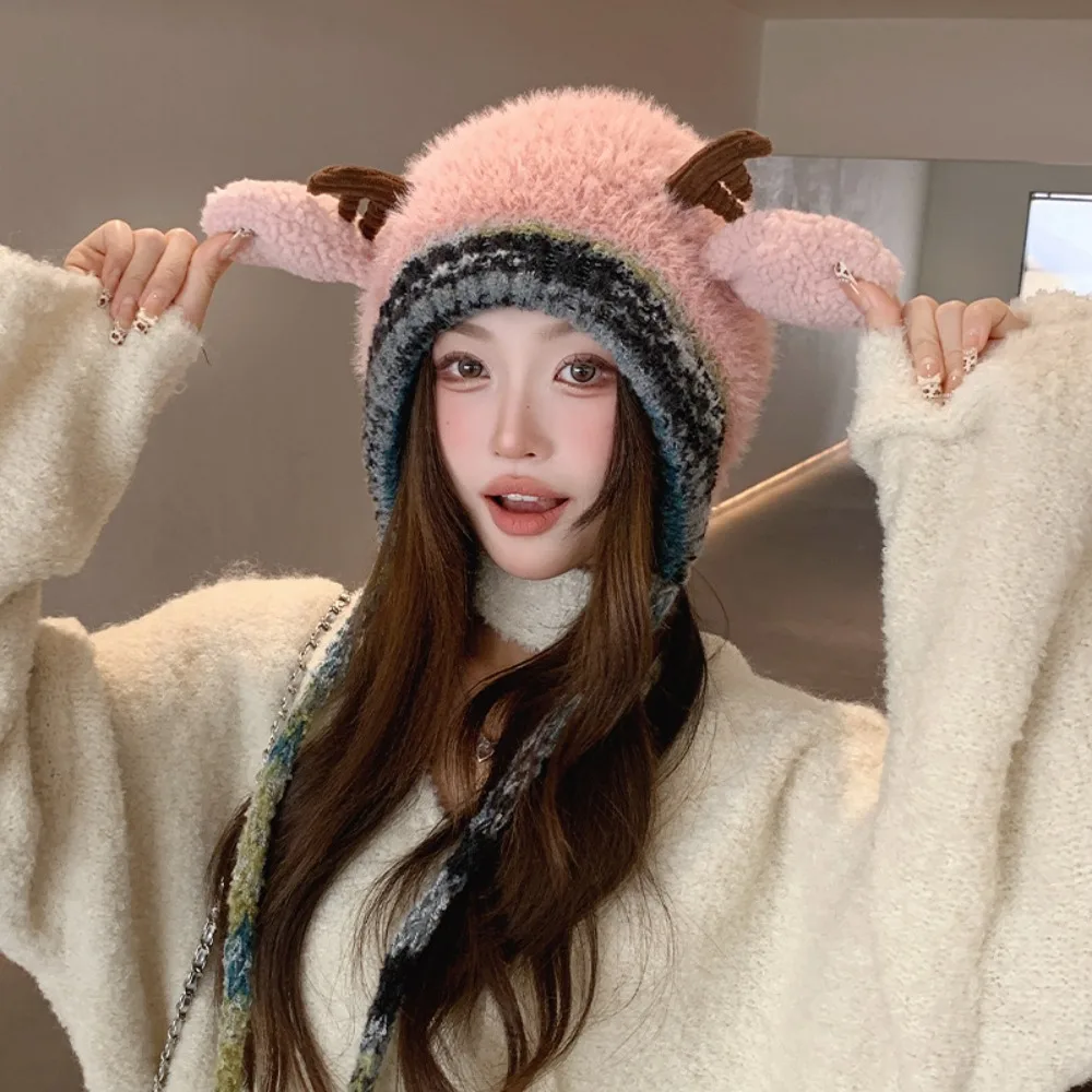 New Fur Deer Storage Hat Ear Protection Windproof Festival Christmas Antler Hat 2 In 1 Elastic Winter Cap Winter