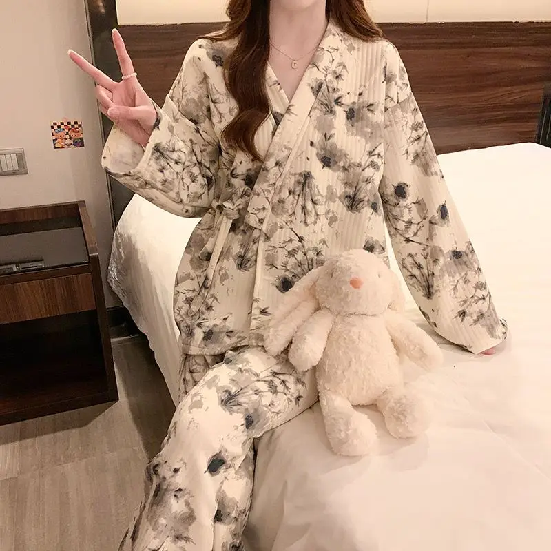 

2025 Winter Long Sleeve Thick Warm V-neck Kimono Pajama Sets for Women Loose Sleepwear Pyjama Homewear Pijama Mujer Home Clothes