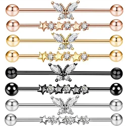 1PCS Stainless Steel Butterfly Industrial Piercing Barbell 14G Star Industrial Earring Tragus Cartilage Jewelry Industrial Rings